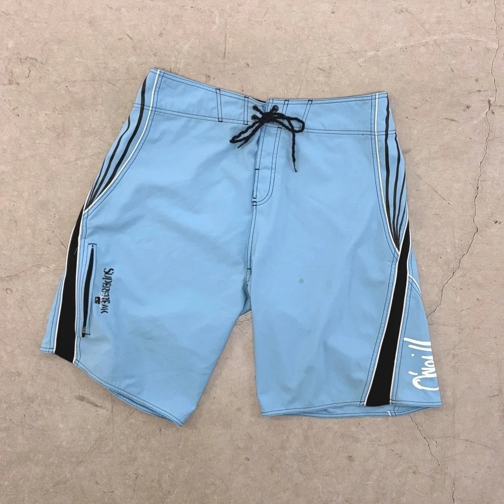 O'Neill Superfreak Series Board Shorts Mens 36 Blue Striped Swim Trunks Wax Comb